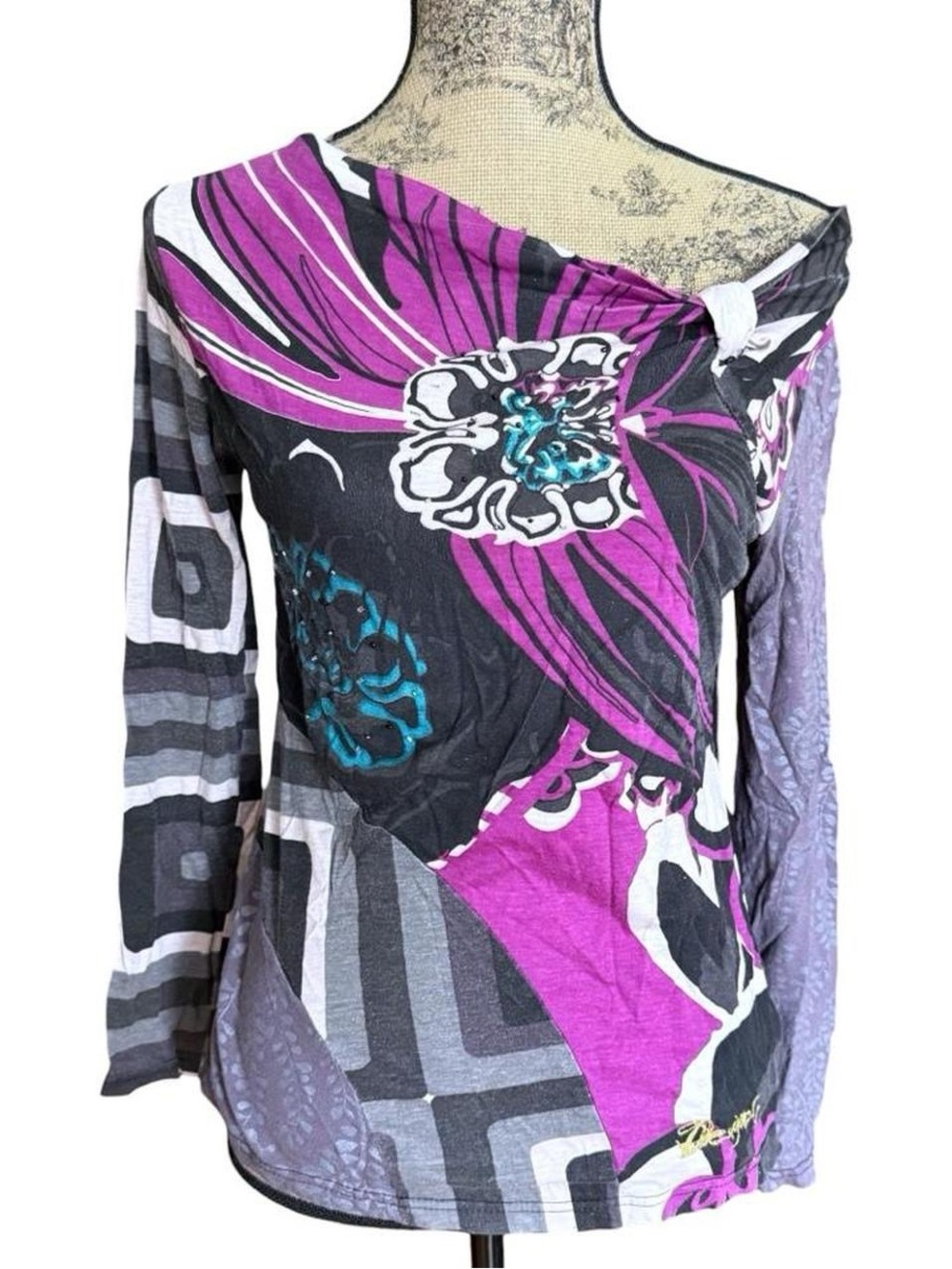 Y2K Desigual Off-Shoulder Floral Graphic Top Size L